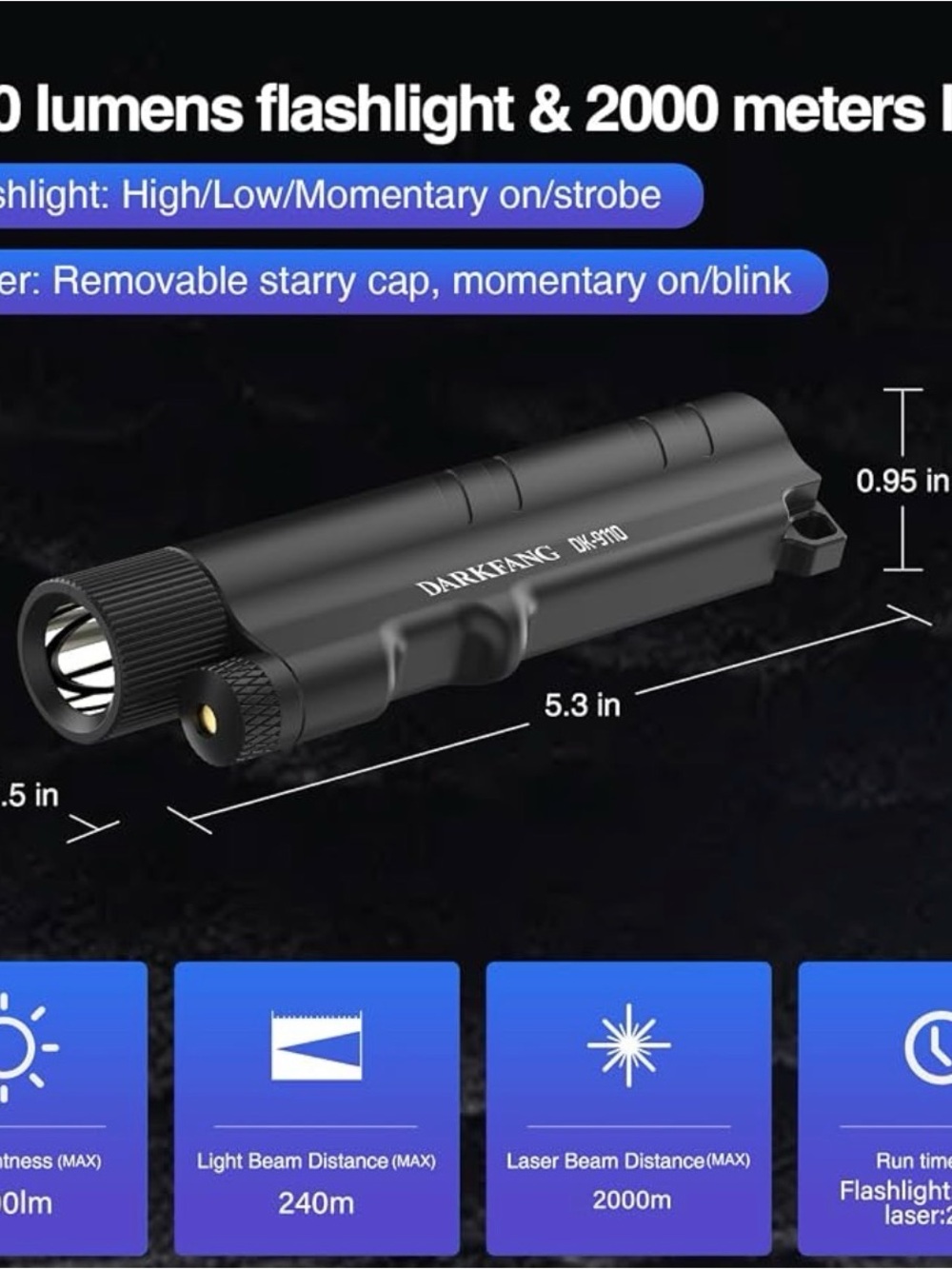 DARKFANG 1500 Lumen Portable Handheld Flashlight with Green Laser Combo